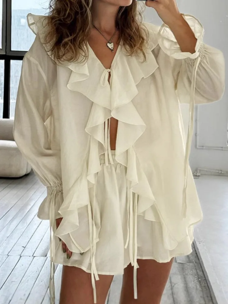 

Women Casual Ruffles Shorts Set Sexy Hollow Out V Neck Shirts Wide Leg Short Pants 2025 New Spring Summer Lady Chic Loose Outfit