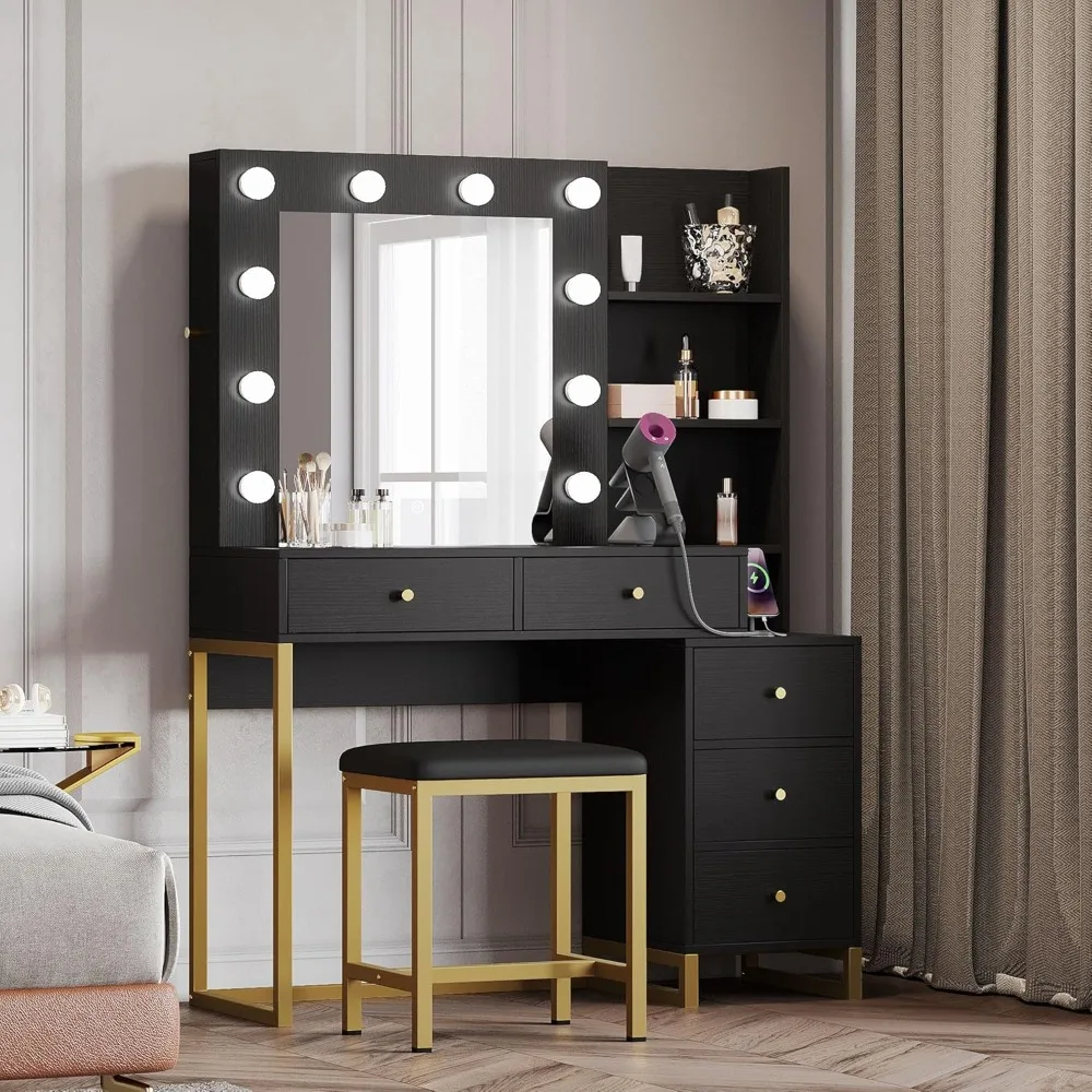 Makeup Dressing Table with Mirror and Power Socket, Dressing Table Set with Hidden Jewelry Storage Rack and 5 Drawers
