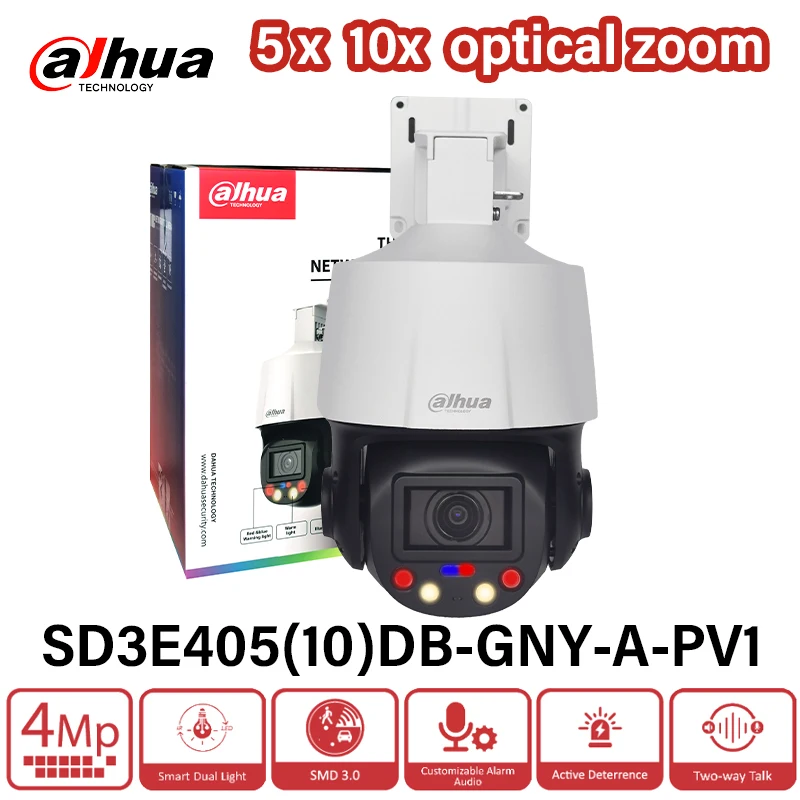 

Dahua 4MP TiOC WizSense Network PTZ Camera 5x 10x Optical Zoom Full Color Two-way Talk Sound and light alarm SD3E405DB-GNY-A-PV1