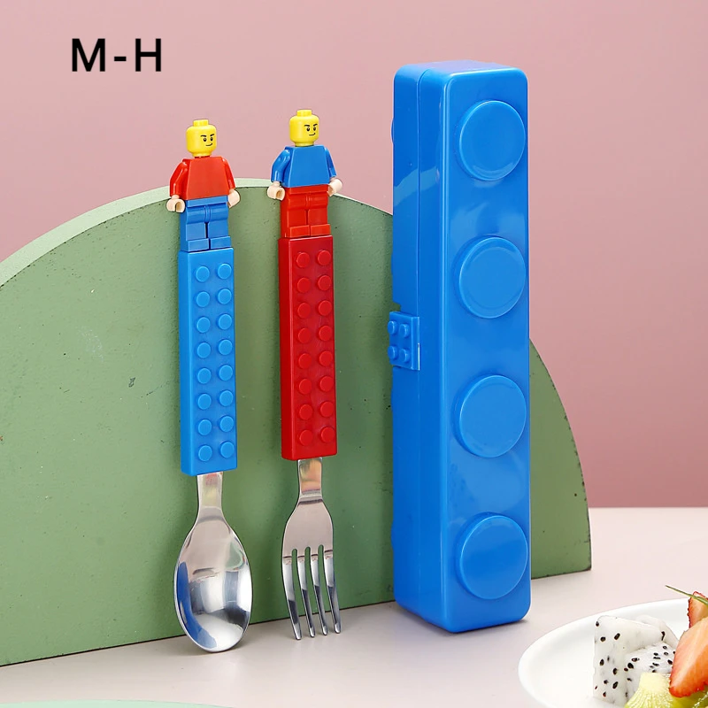 304 Stainless Kids Funny Fork Spoon Set Children Building Block Toys Cartoon Steel Tableware Portable Storage Jigsaw Puzzle Toys