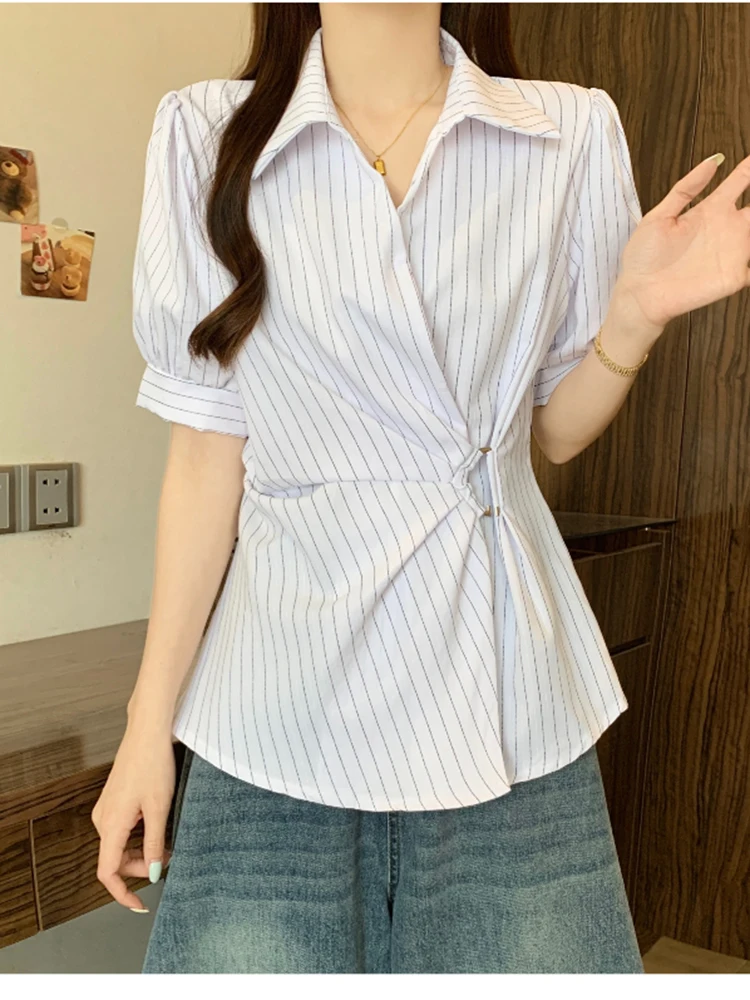 قمصان نسائية فرنسية مخططة بلوزات بيضاء غير منتظمة عتيقة للسيدات بأكمام طويلة وأزرار أنيقة تصميم نحيف جديد #5