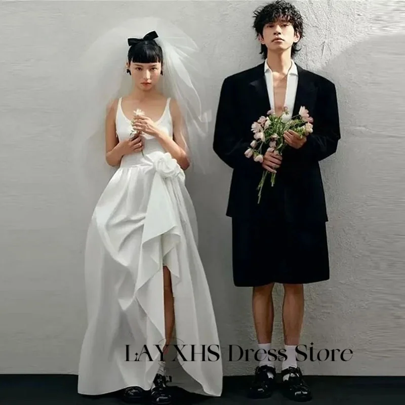 LAYXHS 韓国スパゲッティストラップのウェディングドレスプリーツ 3D 花サイドスリットブライダルドレスカスタマイズされたローブデマリー