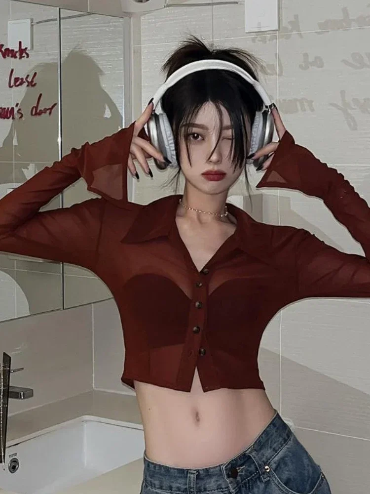 Shirts Women Red Sexy Slim See-through Korean Style Vintage Summer Sun-proofed Chic Hot Girls Streetwear Crop Tops Soft Cozy