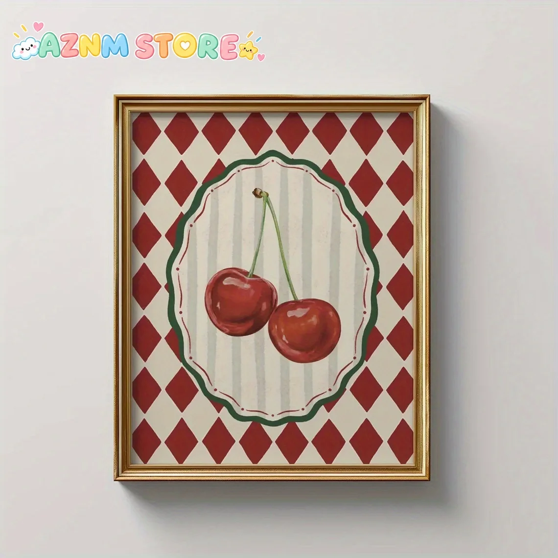 1pc, wall art, vintage poster, red cherry art print, red and white prismatic checkered canvas painting, dining room decoratio