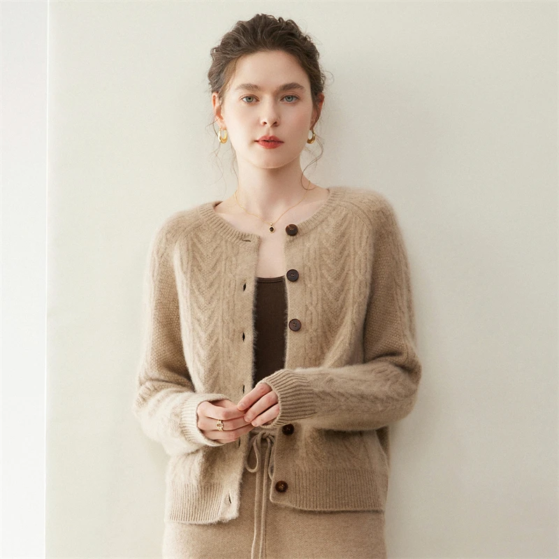 

New Classy Women 100% Cashmere Sweater Autumn Winter Thick Warm O-neck Twist Flower Woman Cashmere Cardigan Sweater Knitted Tops