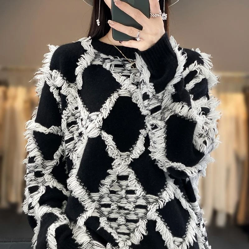 

Autumn and Winter 100 Wool O-Neck Women's Pullover Sweater Solid Color Knitted Loose Fashion Long Sleeve Women's Pure Wool New