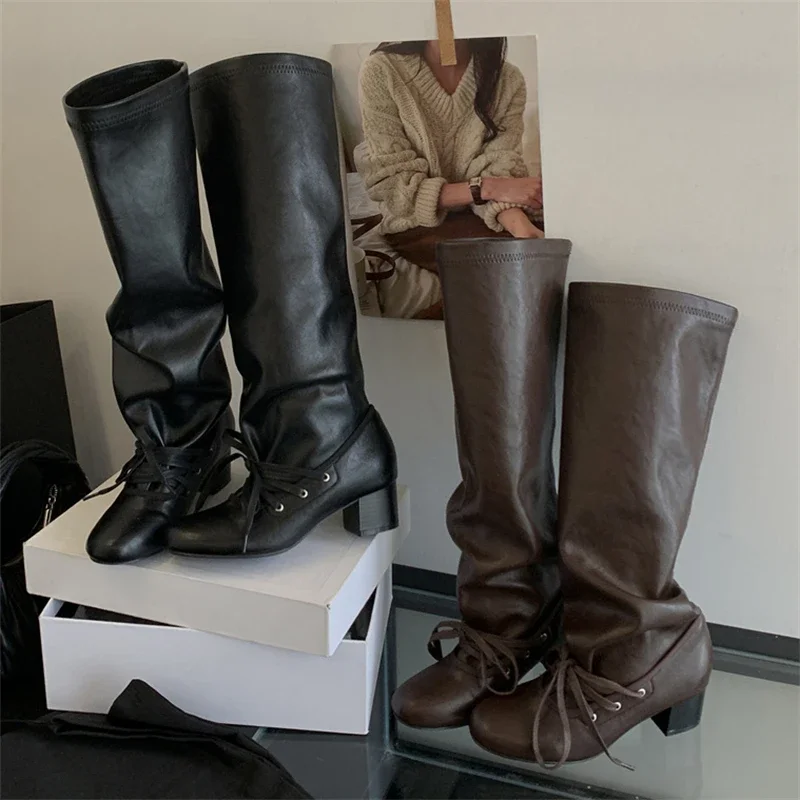 

Aneikeh/2026, модные женские сапоги до колена в стиле панк, банкетная обувь на толстом низком каблуке с круглой головкой, Botas De Mujer