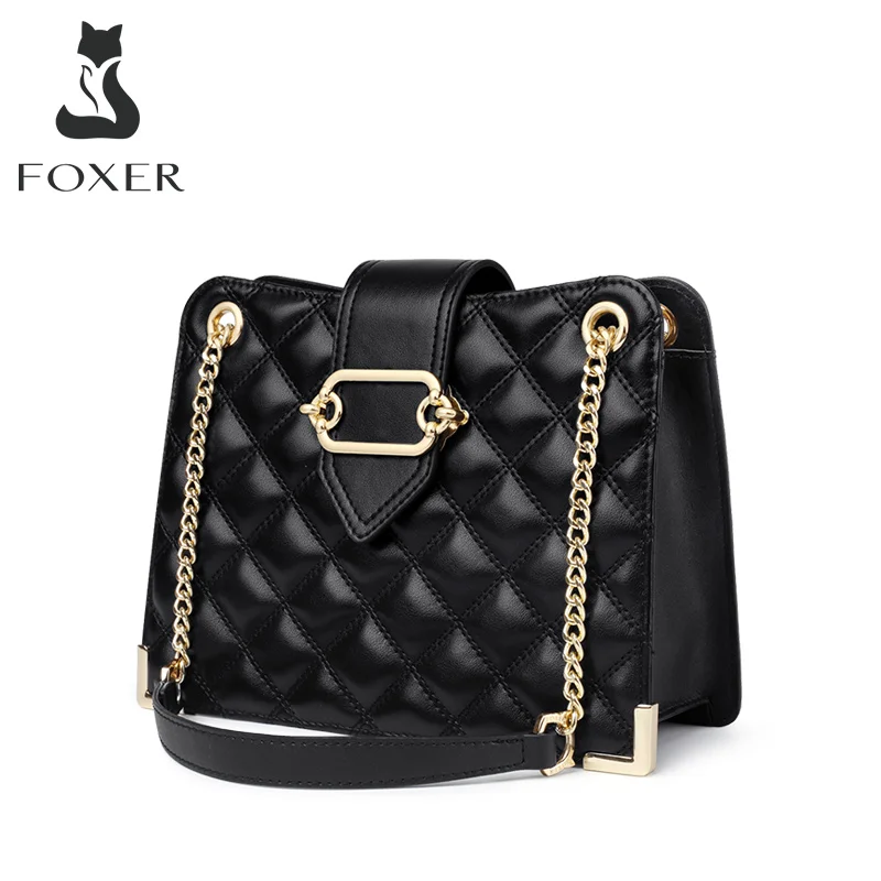 

FOXER Women Leather Quilted Shoulder Handbag Lady Black Classic Chain Bag Girl Chrismas Valentine's Day Gift