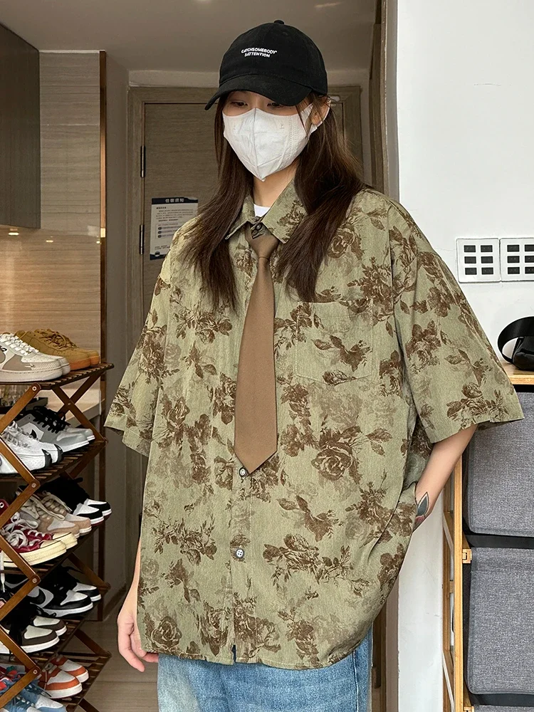 Loose Shirts Women Slouchy Japanese Retro Harajuku Unisex Streetwear Short Sleeve All-match Leisure Tops Fashion Summer Pocket