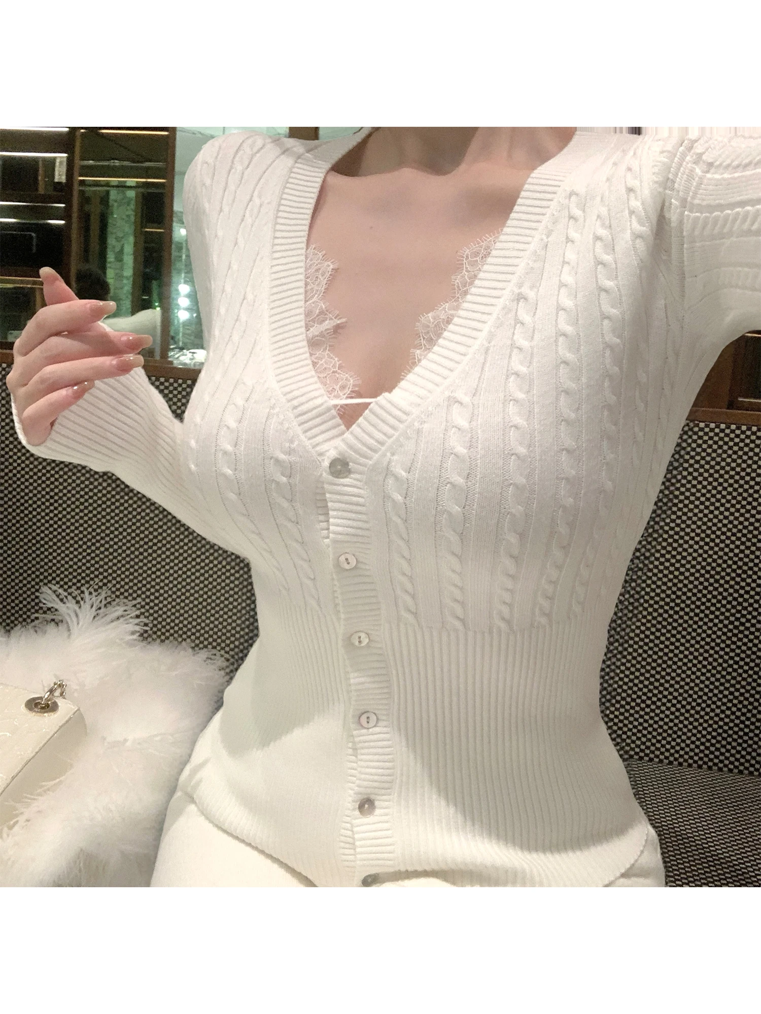 

Kubiliv Pure Desire Low Ne Lace Splice Twisted Knitwear Slim Fit Женский топ Корейский Sle Long Sve V-ne Трикотажный Dr