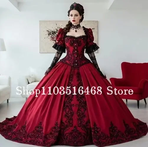 

Gothic Burgundy and Black Ball Gown Long Sleeved Lace Appliqué Satin Ball Gown Vintage Corset Special Occasion Dress Customiesd