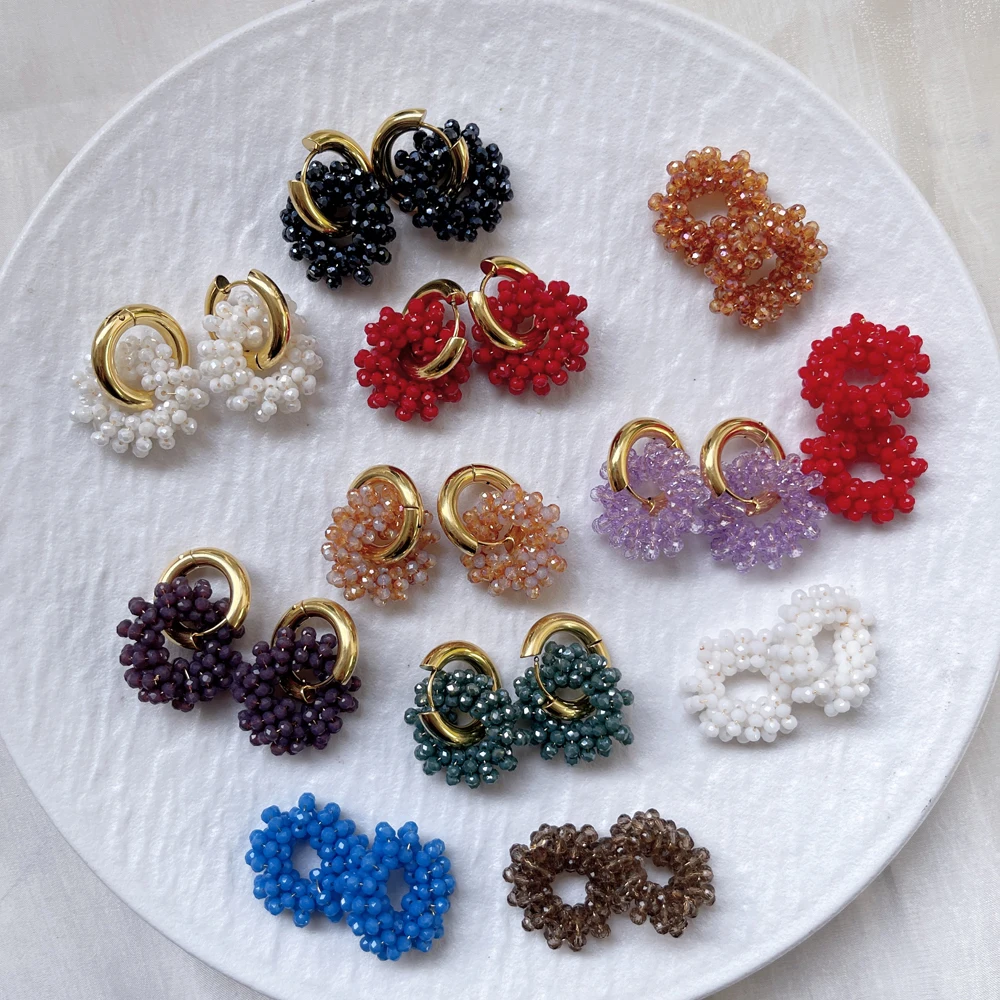 5 pair/lot Hot Trend Handmade Multicolor Cluster Glass Bead Huggie Hoop Gold Plated Brass Earrings for Women Daily Wedding Party