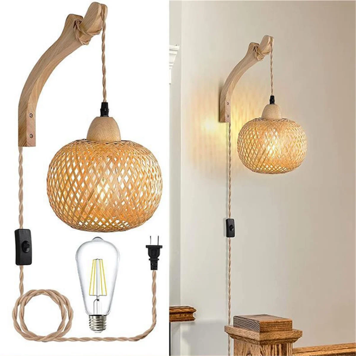 Retro Japanese Bamboo Bedside Wall Lamp, US Plug B