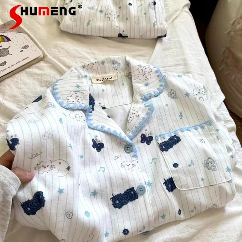 

Пижамный комплект с длинными рукавами для женщин, весенне-осенняя домашняя одежда из чистого хлопка, женские носимые костюмы для сна в японском стиле с начесом