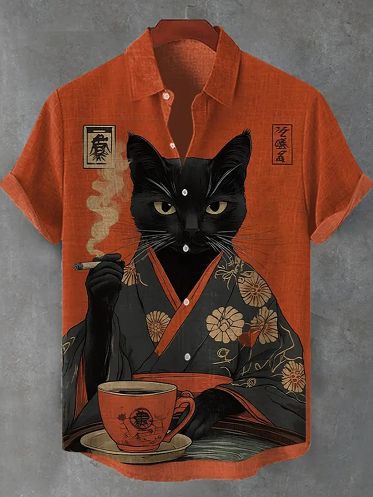 Summer Fashion New Men's Hawaiian Shirt Dinosaur Kungfu Cat 3d Print Shirt Short Sleeve Casual Beach Shirts Vintage Blouse Men