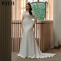 JEHETH Mermaid Scoop Wedding Dresses Plus Size Satin Full Sleeves Bridal Gowns Simple Appliques Exquisite Lace Customized