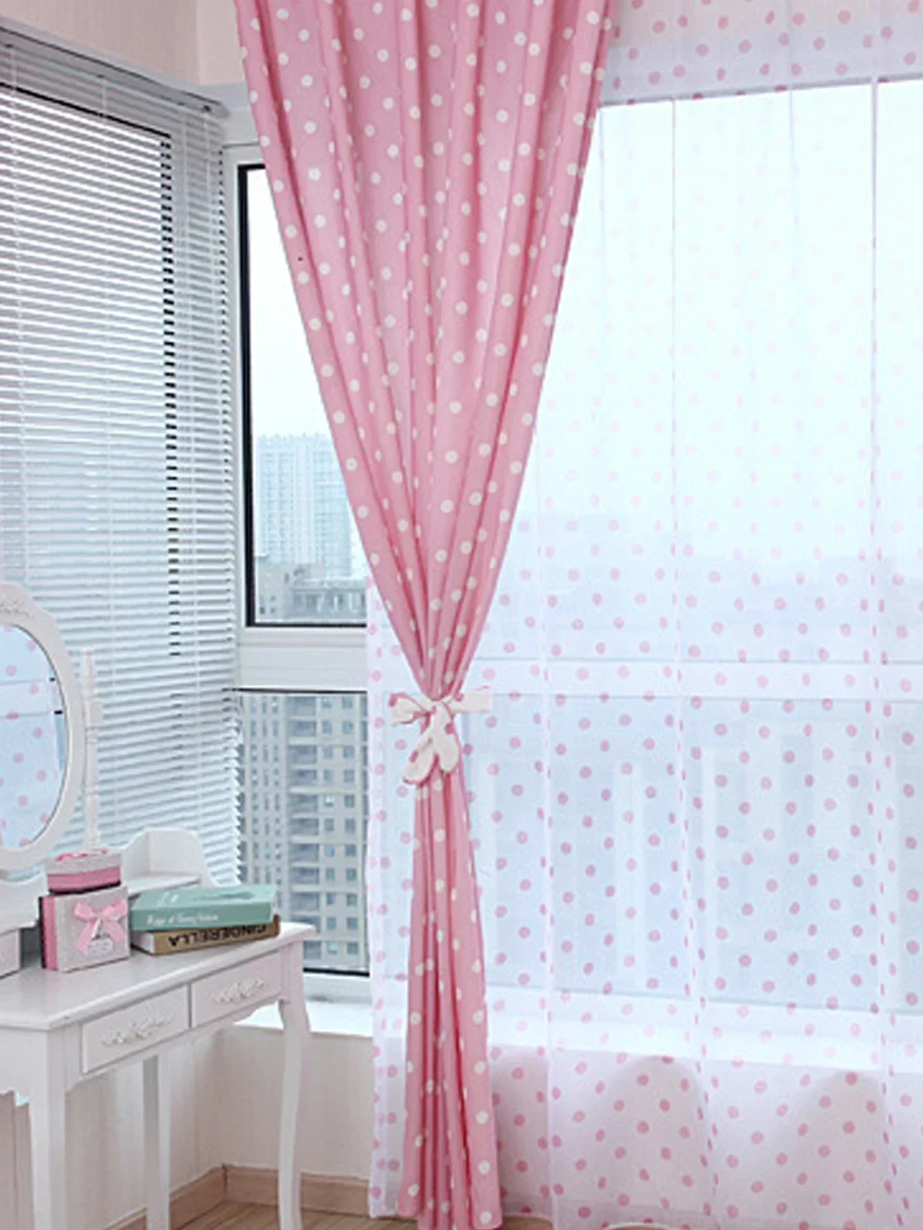 Cortinas de lunares rosas minimalistas de estilo coreano moderno, 1 unidad, fondo rojo de estilo Rural fresco, cortinas de sala de estar de lunares blancos