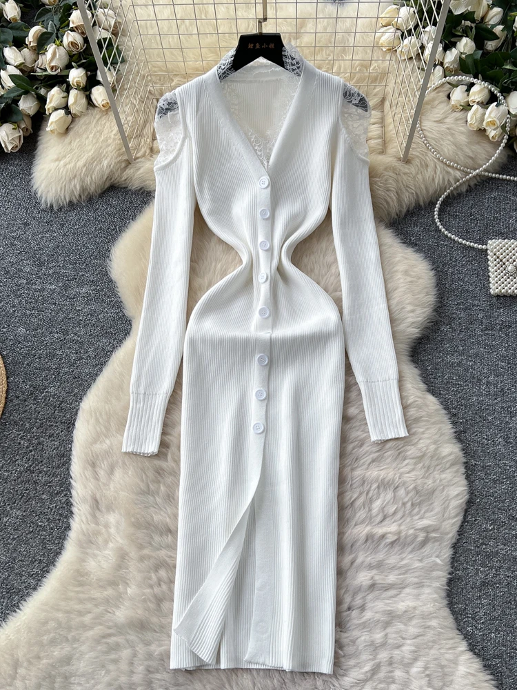 

Sexy V-ne Lace Splice Slimming Split Knitted Dr High Waist A-line Summer Women's Faion Single Button Closure Dr