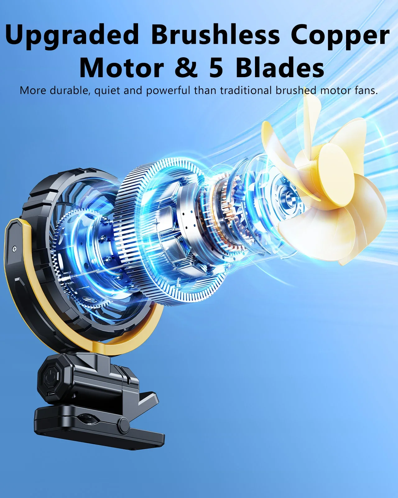 مشبك سيارة محمول من إياري على مروحة بطارية 2000 مللي أمبير في الساعة قوية 3 سرعات هادئة 900 ° تدوير مروحة تبريد صغيرة قابلة لإعادة الشحن عبر USB للسيارة الإلكترونية #3