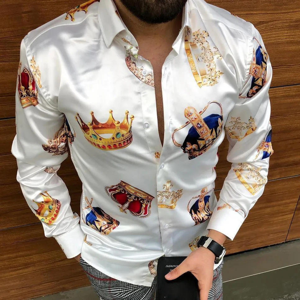 Fashion Trendy Hawaii Men Casual Shirt Luxury Golden Crown Shirts Summer Long Sleeve Beach Blouse Classics Men Clothing