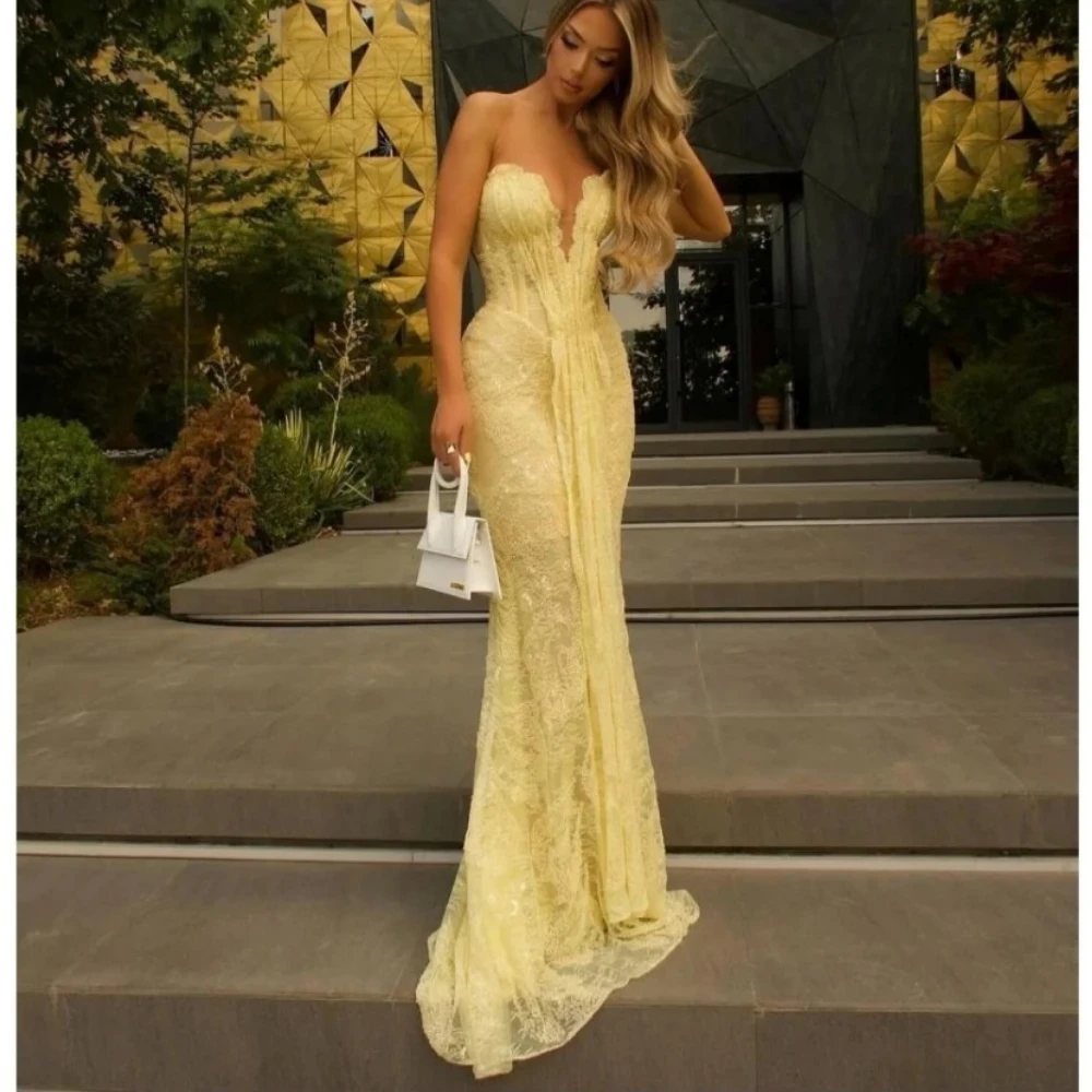 

Желтое кружевное вечернее платье для женщин с v-образным вырезом, платье русалки для выпускного вечера, без бретелек, с открытой спиной, длиной до пола, вечерние платья по индивидуальному заказу