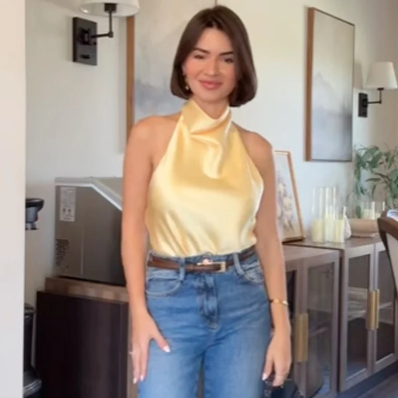 HXAO الساتان الرسن الأعلى المرأة الصيف 2025 أسود أصفر الدبابات وكاميس المحاصيل السلس قبالة الكتف تانك القمم أكمام سترات عارية الذراعين