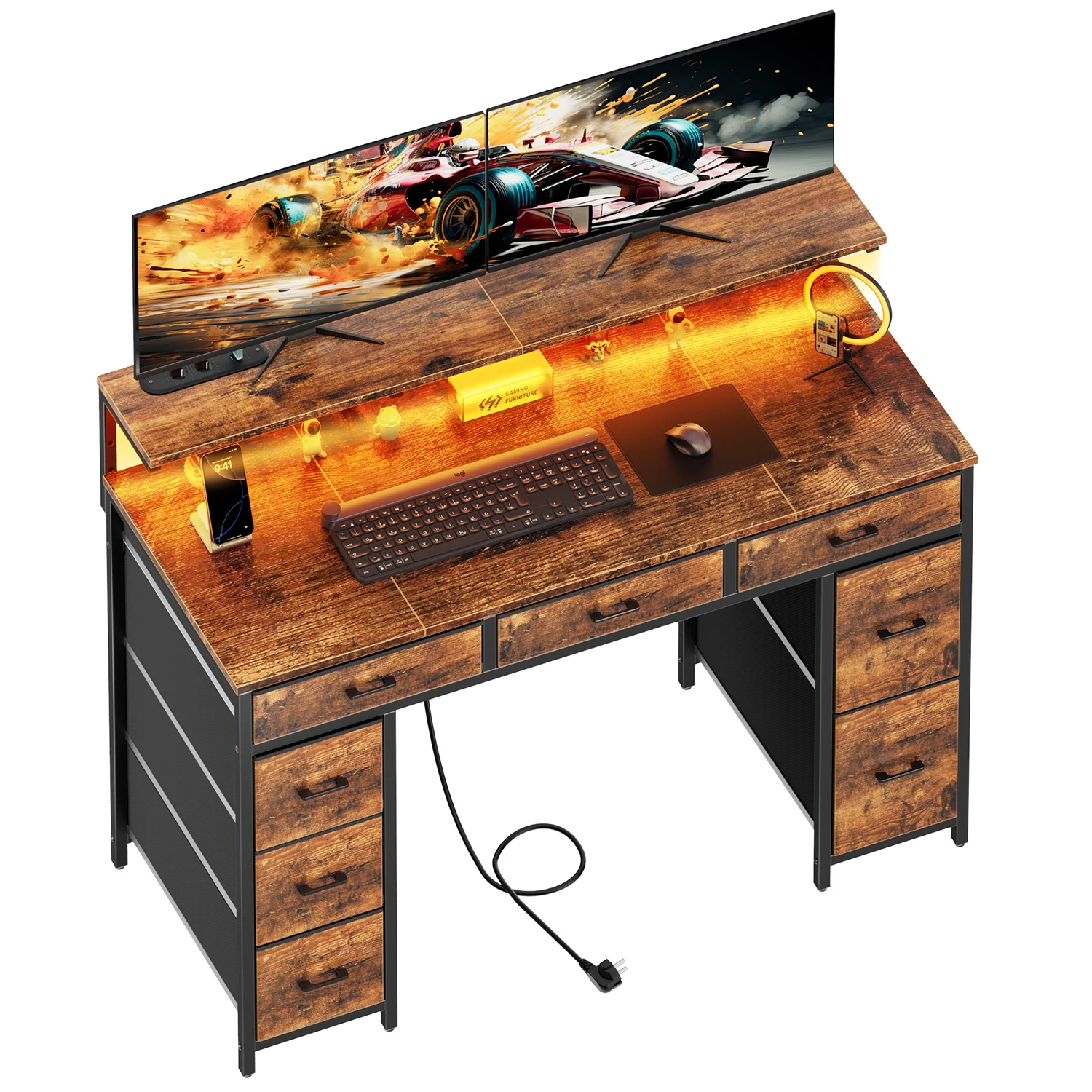 Escritorio para Computadora con 8 Cajones de Almacenamiento, Soporte Ajustable para Monitor, Escritorio con Luces LED y Tomas de Corriente USB, Mesa para Juegos