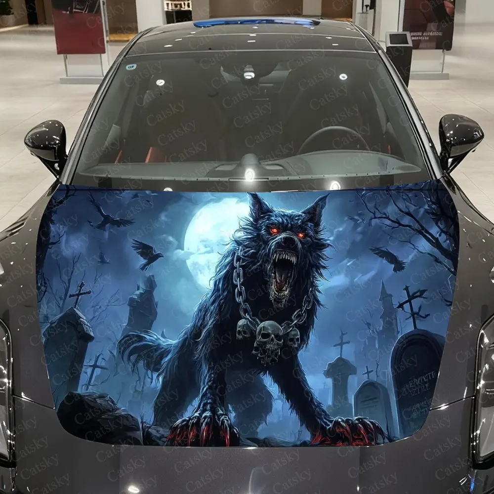 Blood-Eyed Wolf Spirit Car Vinyl Wrap, PVC Waterproof Car Hood Sticker, Self-Adhesive Scratch-Resistant Stickers