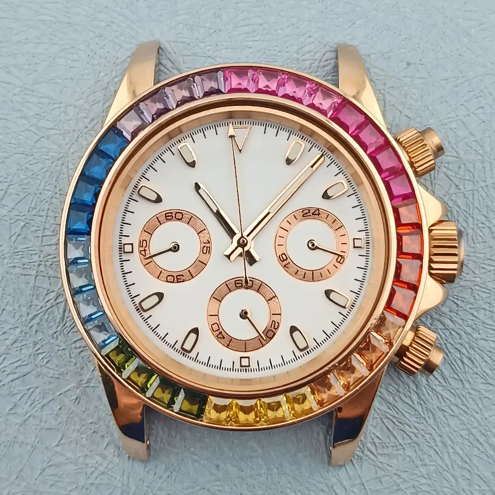 شعار مخصص 39.5 مللي متر الملونة الماس Lume كرونوغراف رجل ساعة ذهبية وردية تناسب VK سلسلة 63 ساعة يد تعمل بالحركة الكوارتز اكسسوارات
