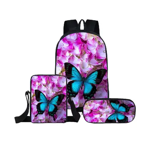 Harajuku Popular mariposa impresión 3D 3 unids/set mochilas escolares para alumnos mochila para ordenador portátil bolso de hombro inclinado estuche para lápices