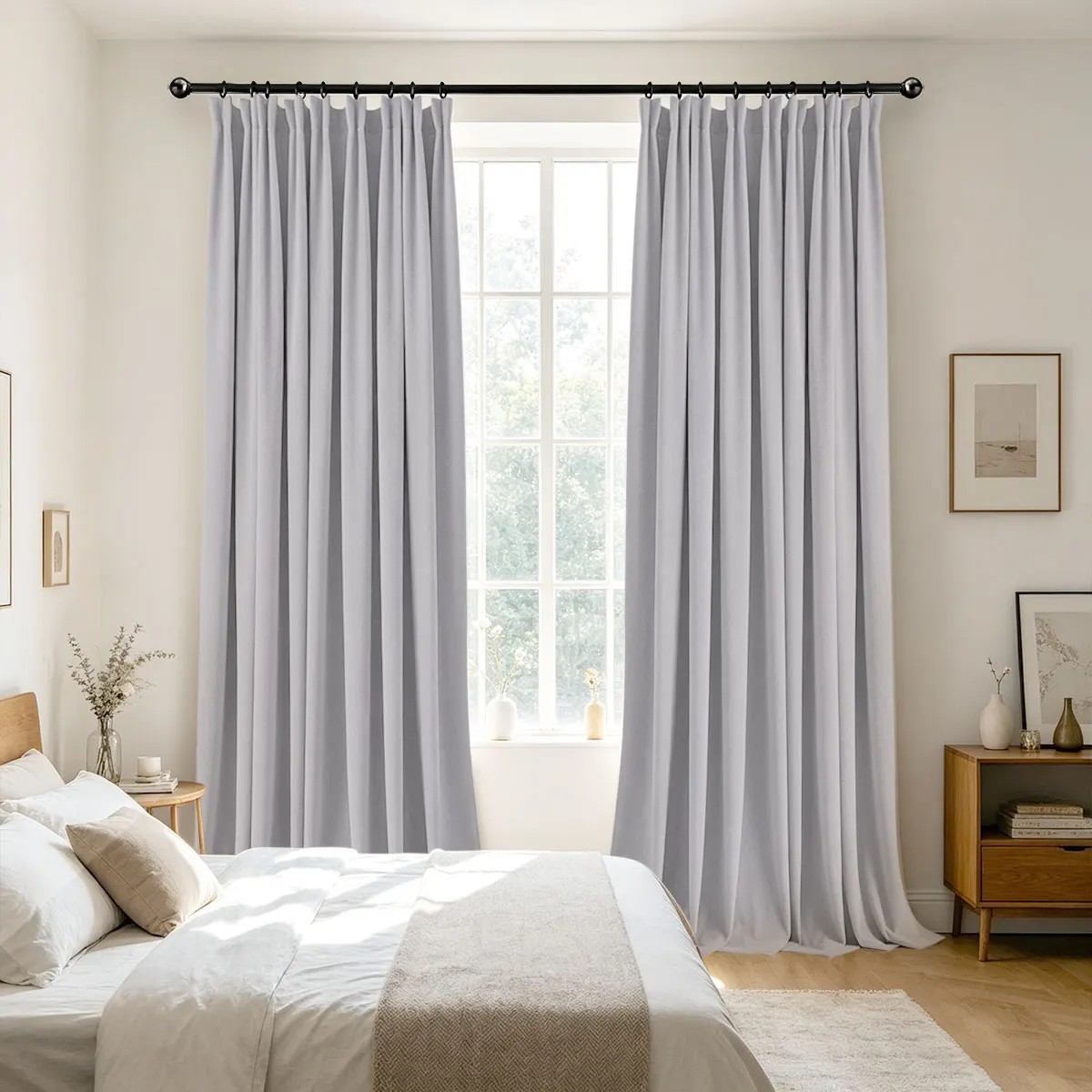 Light Silver‑Grey Velvet Blackout Curtains 2‑Pack, Pinch Pleat Hook Top Drapes for Bedroom Living Room Home Decor