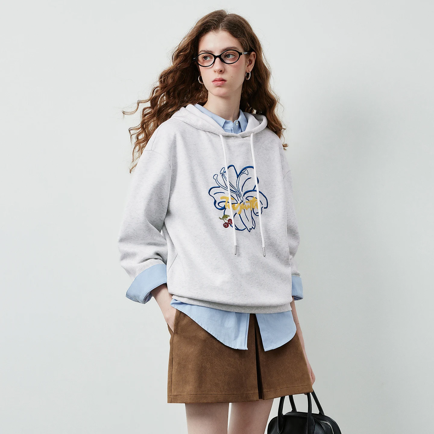 TOYOUTH Women's Heavy Floral Embroidered Hoodie 2026 Fall New Arrival Preppy Youthful Loose Fit Long Sleeve Top