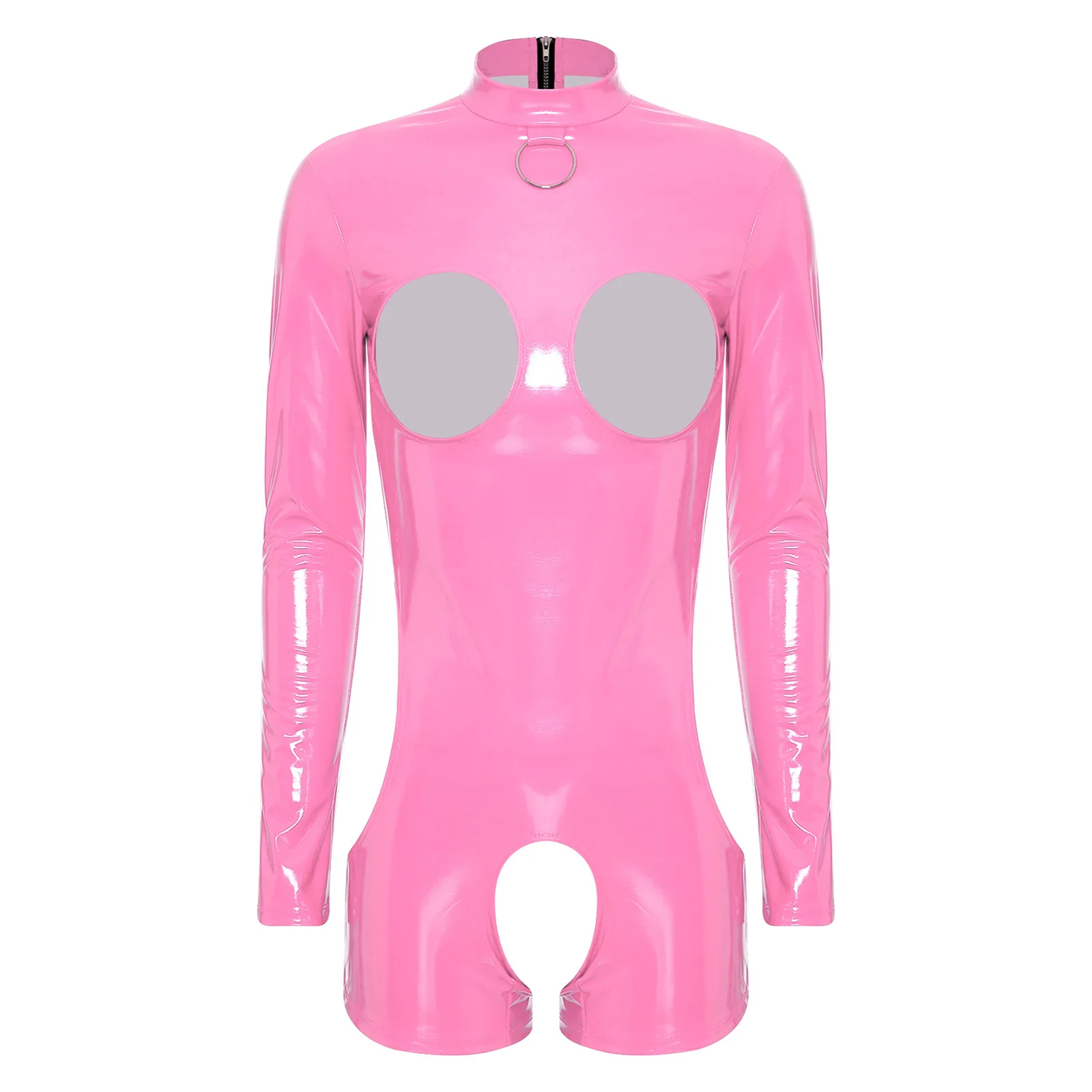 Lencería para mujer, Body de látex sin entrepierna, charol, aspecto húmedo, ropa para discoteca, pezones abiertos, muslo, anillo redondo, mono con cremallera trasera