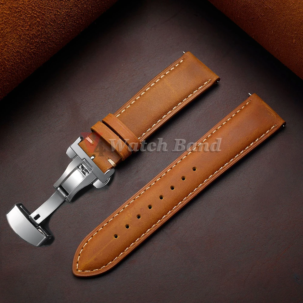 nxalp Echtes Kalbslederarmband für Omega Business Uhrenarmband für Seiko 14/16/18/20/22/24 mm Butterfly-Schnallennaht, braunes Armband 7