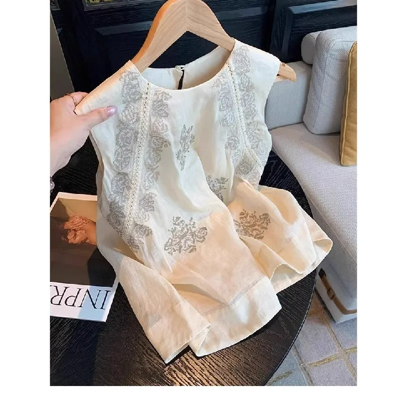 Retro Artystyczna Bawełniana Lniana Haftowana Okrągła Kamizelka Bez Rękawów Ele irt Damska Letnia Cienka Regularna Długość Jednolity Kolor