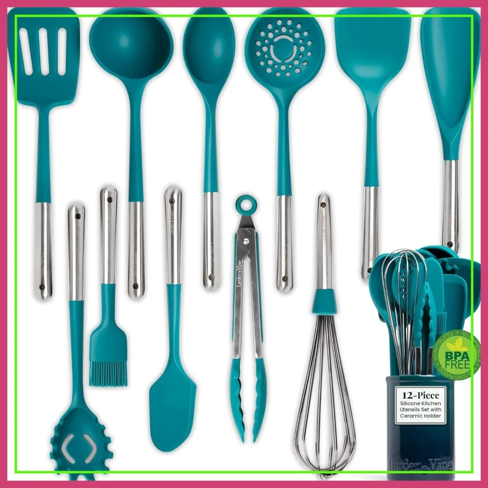 

12-Piece Silicone Kitchen Utensils Set with Stainless Steel Handle & Ceramic Holder, Dishwasher Safe Cooking Essentials