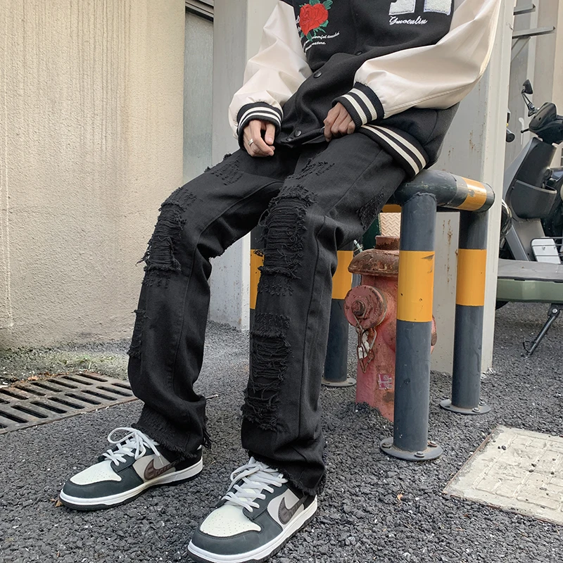 

American Vintage Men's Loose Straight Leg Jeans Spring Autumn Black High Street Fashion Brand Casual Long Trousers