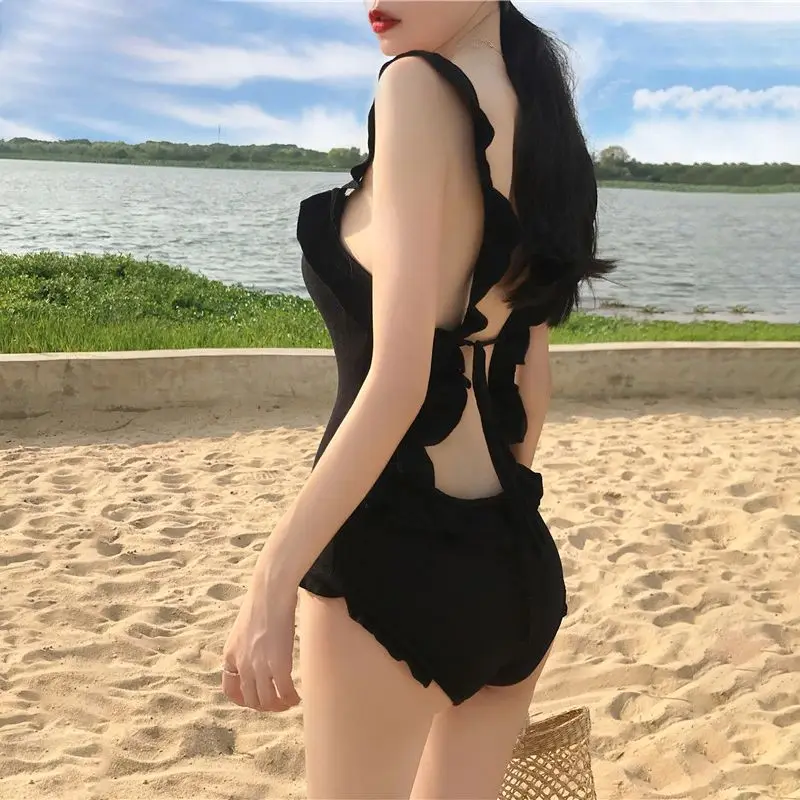 2023 New Pure Desire Backless Sexy Women's Clothing Sleeveless Conjoined Body Slim Black Fashion Casual Triangle Bikini Set