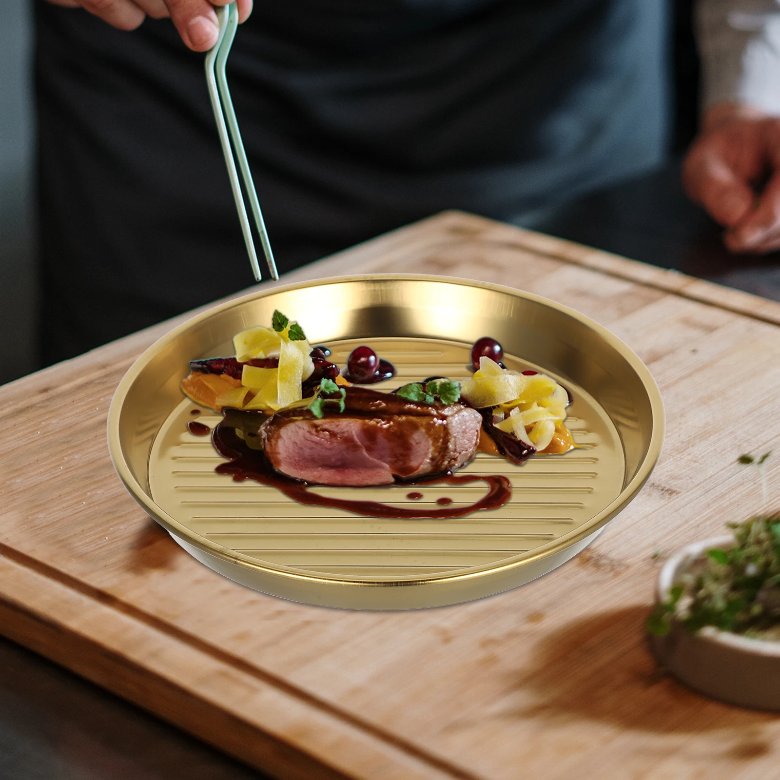 

Barbecue Plate Gold Metal Salad Snack Dinner Fruit Plates Stainless Steel French Fries Cooking Utensils