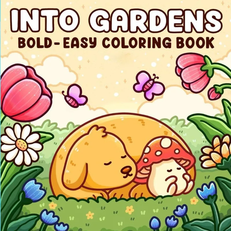 Into Gardens Malbuch für Erwachsene und Teenager, bequeme Muster, kräftige, einfache, niedliche Cartoon-Zeichnungen, perfektes Geschenk für Geburtstagsfeiern