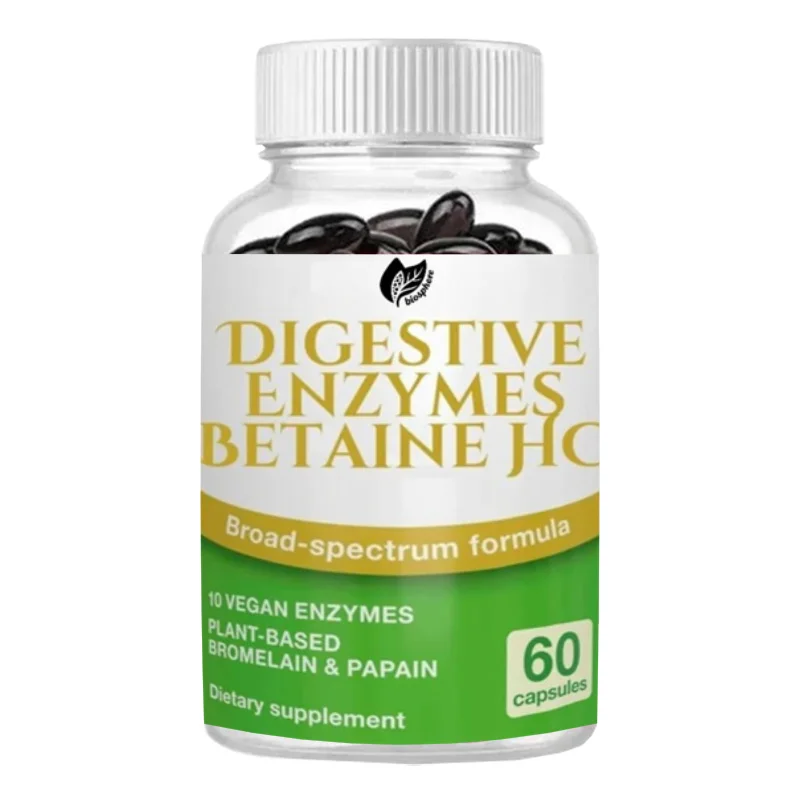 Digestive Enzymes and Betaine HCl, 10 Broad-spectrum Enzymes Containing Protease, Lipase, Lactase, and Bromelain, 60 Capsules