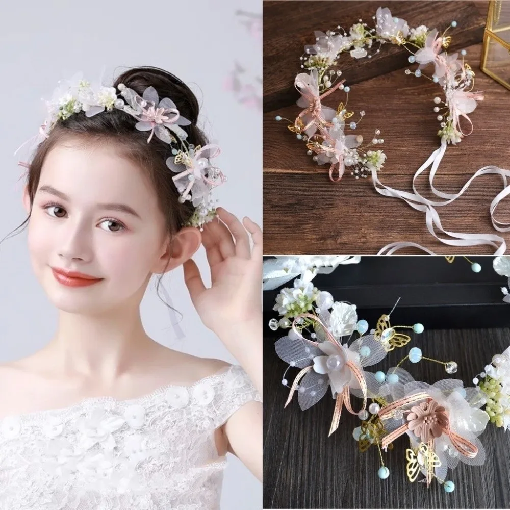 

Exquisite Korean Style Flower Crown Hairband Hair Hoop Butterfly Wreath Headband Pearl Tiara Garland Wristband Photo Props