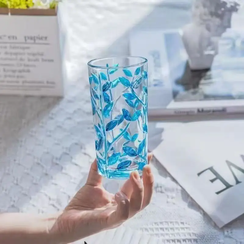 Blue relief vine pattern hand-painted tree branches, light luxury glass cups, milk cups, transparent unisex, holiday gifts view 5
