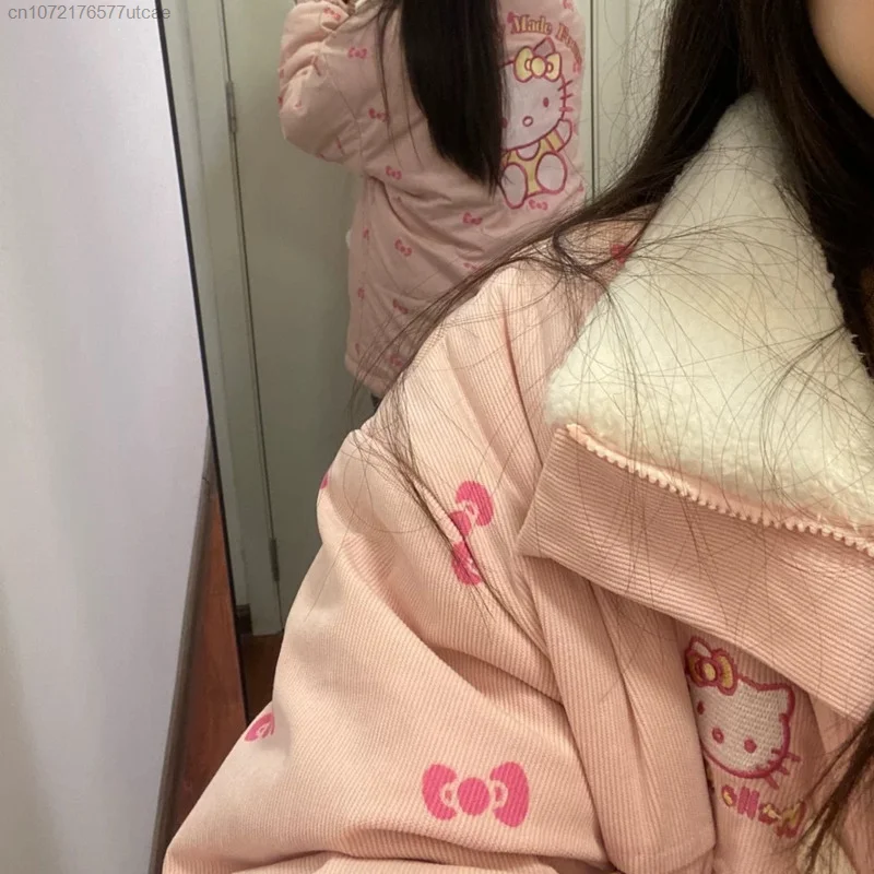 Sanrio Hello Kitty Embroidered Cute Cartoon Women\'s Cotton Down Coat With Thickened Inner Lining And Velvet Coat for Winter