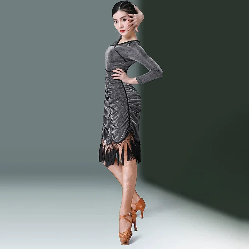 섹시 라틴 댄스 의상 봄 여름 신상 라인 댄스 스커트 슬림핏 태슬 여성 드레스 긴팔 의류