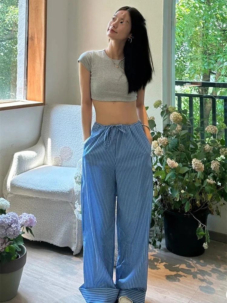 HH Women Summer Lace-up Striped Strained Slides Wide-Legging Trousers Female Elegant Commuter High Street Casual Long Pants