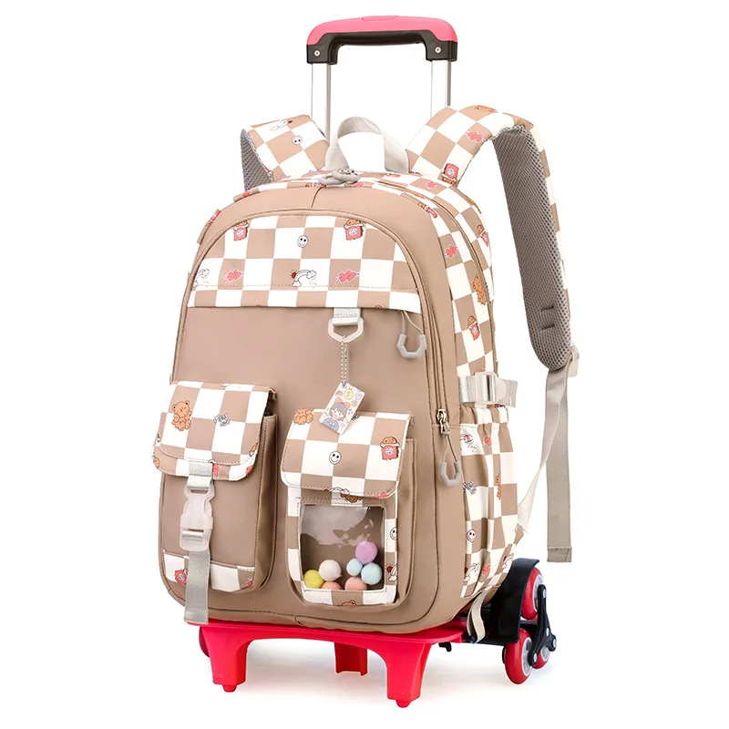 

Рюкзак в клетку с принтом на колесах для девочек-подростков, нейлоновые школьные сумки большой вместимости, подходят для детей 3-9 лет, сумка для багажа для девочек