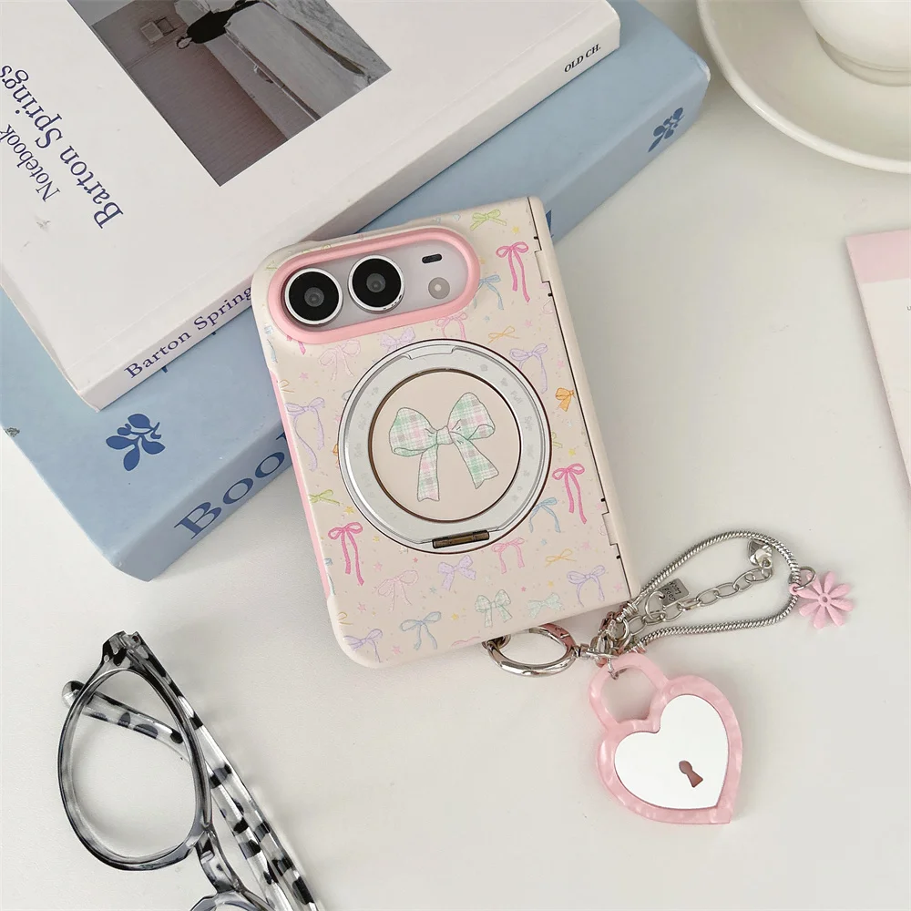 Korean Cute Colored bowknot Pattern Folding Phone Case For iPhone Duo With 360° Magnetic Stand Shockproof cases For Magsafe
