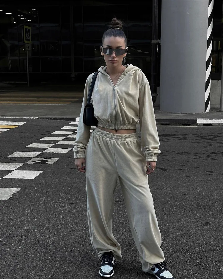2025 Casual Suit Women's  Street Style Long-sleeved Hooded Cardigan Elastic Trousers Two-piece Set European and American