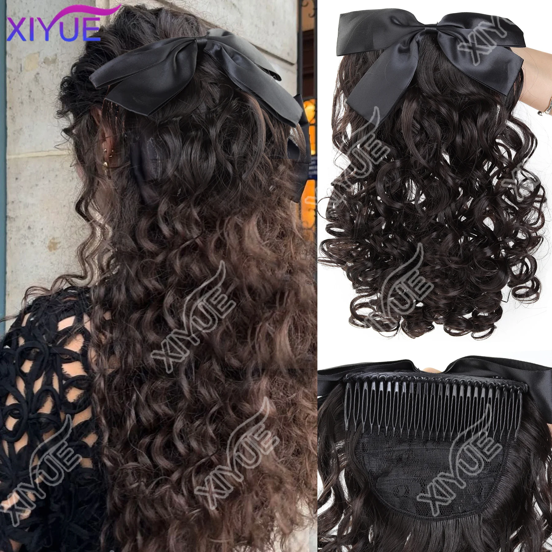 

XIYUE Synthetic Bow Hair Accessories Wig Female Curly Ponytail Wig Retro Curly Hair Comb Wave Curly Hair